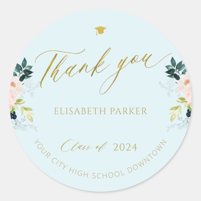 Elegant graduate gold script graduation thank you classic round sticker (Front)