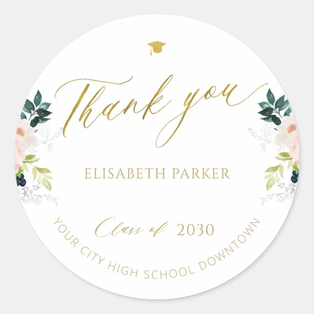 Elegant graduate gold script graduation thank you classic round sticker (Front)