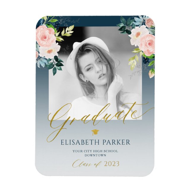 Elegant graduate gold script photo graduation magnet (Vertical)