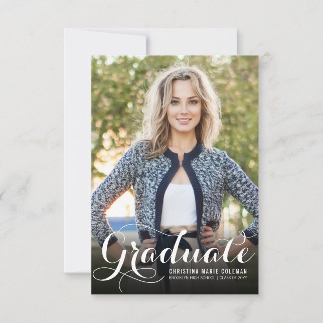 Elegant Graduate Modern Script 2 Photo Graduation Announcement (Front)