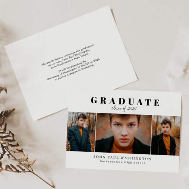 Elegant Graduate Modern Simple 3 Photo Graduation Announcement (Creator Uploaded)