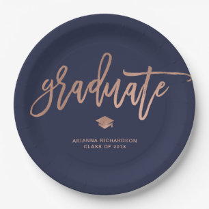 Elegant Graduate Navy Blue and Faux Rose Gold Paper Plate