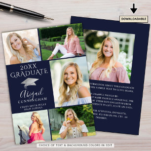 Elegant Graduate Navy Blue Silver 6 Photo Collage Announcement