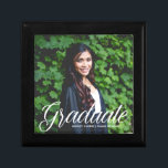 Elegant Graduate Photo 2025 Graduation Party Gift Box<br><div class="desc">This elegant white typography overlay photo graduation gift box features chic white script over your high school or college graduate photograph for the senior class of 2025. Customise with your name and class under the lovely calligraphy for your celebration.</div>