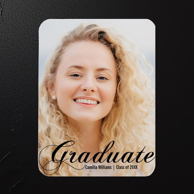 Elegant Graduate Photo Black Flourish Script Magnet (Creator Uploaded)