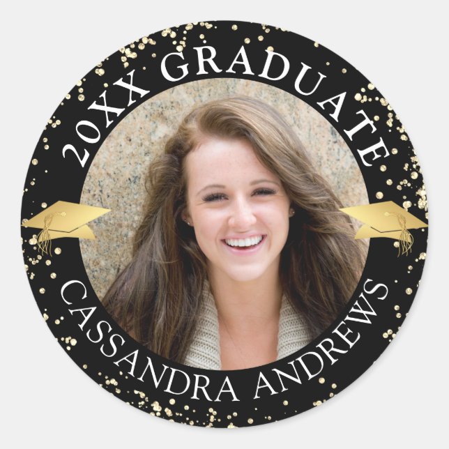 Elegant Graduate Photo Black Gold Cap Classic Round Sticker (Front)
