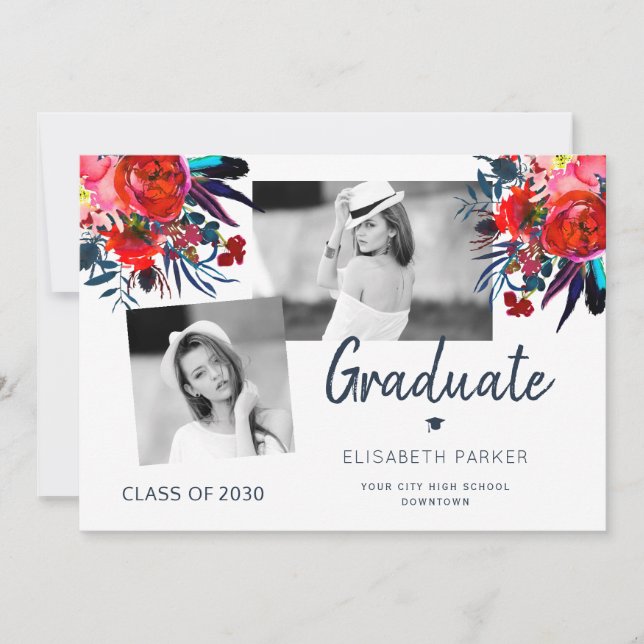 Elegant graduate photo collage floral graduation a announcement (Front)