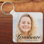 Elegant Graduate Photo Custom Flourish Script Key Ring<br><div class="desc">Graduate written in elegant black flourish script over your senior portrait photo makes a beautiful, minimalist graduation keychain with two sides. Customise with your name and high school or university class of 2025 under the chic cursive typography and add a second photograph on the back of this classy text overlay...</div>