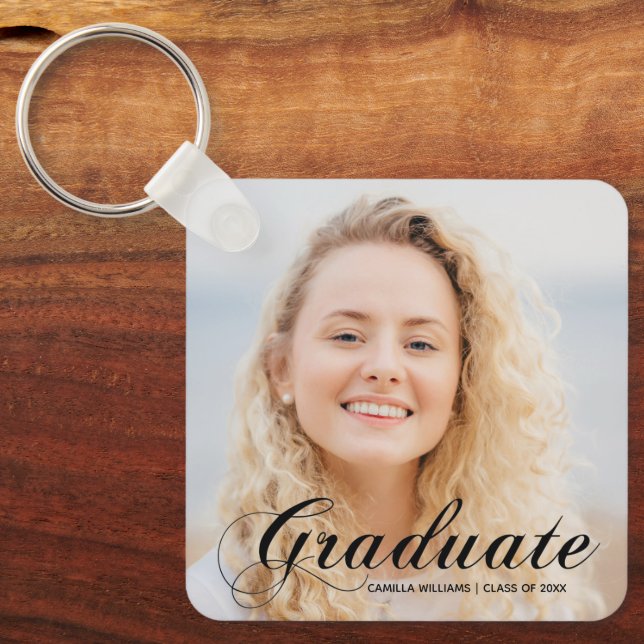 Elegant Graduate Photo Custom Flourish Script Key Ring (Front)