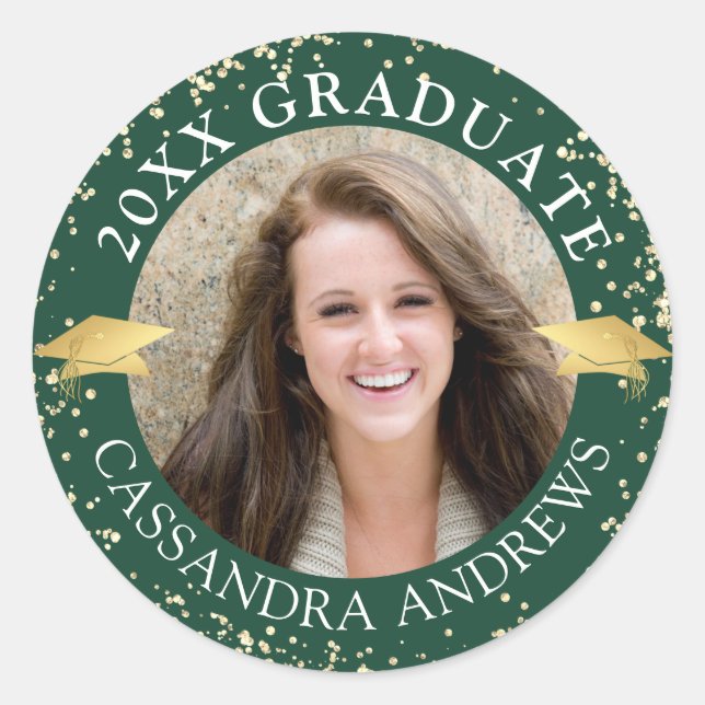 Elegant Graduate Photo Dark Green Gold Cap Classic Round Sticker (Front)