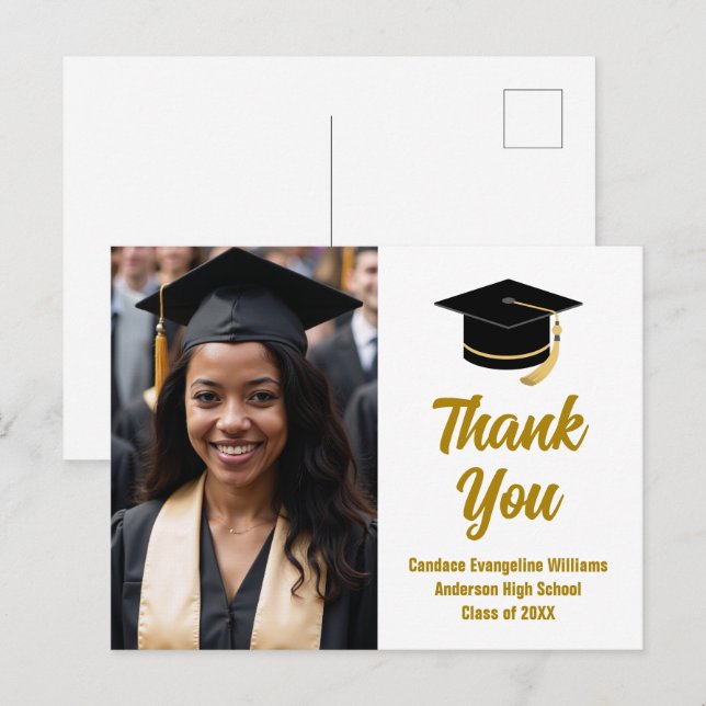 Elegant Graduate Photo Gold Script Thank You Postcard (Front/Back)