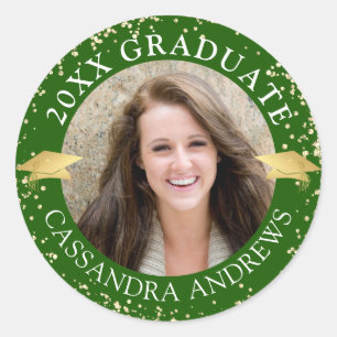 Elegant Graduate Photo Green Gold Cap Classic Round Sticker