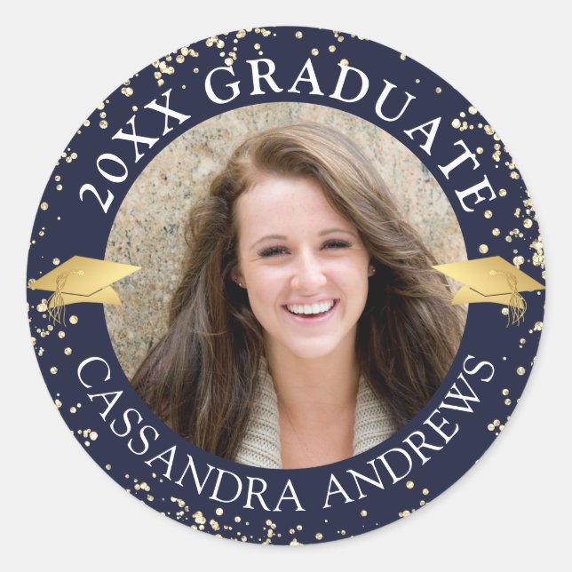 Elegant Graduate Photo Navy Blue Gold Cap Classic Round Sticker (Front)