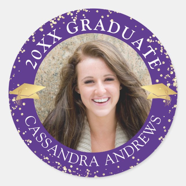 Elegant Graduate Photo Purple Gold Cap Classic Round Sticker (Front)