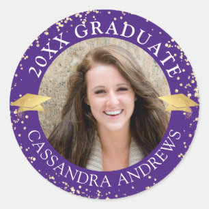Elegant Graduate Photo Purple Gold Cap Classic Round Sticker