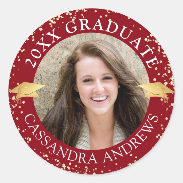 Elegant Graduate Photo Red Gold Cap Classic Round Sticker (Front)