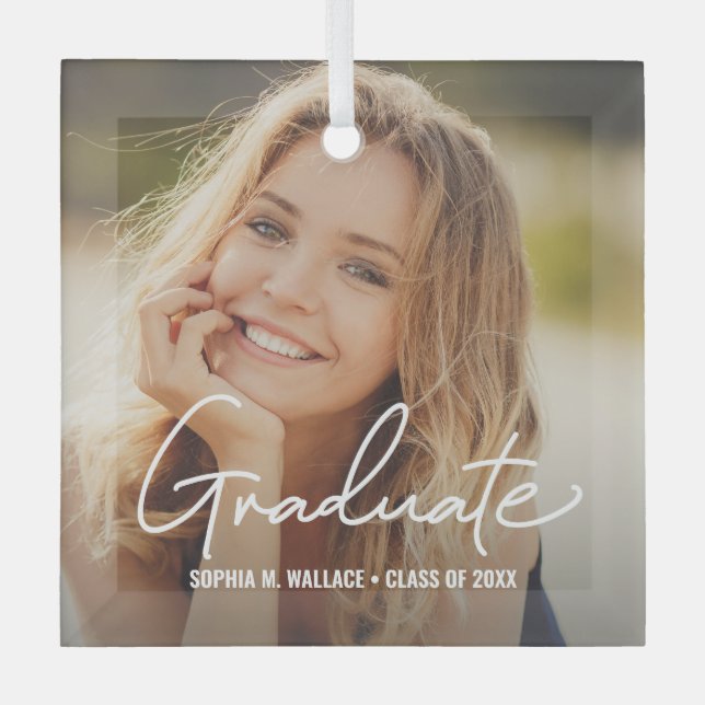 Elegant Graduate Script Personalised Photo Glass Tree Decoration (Front)