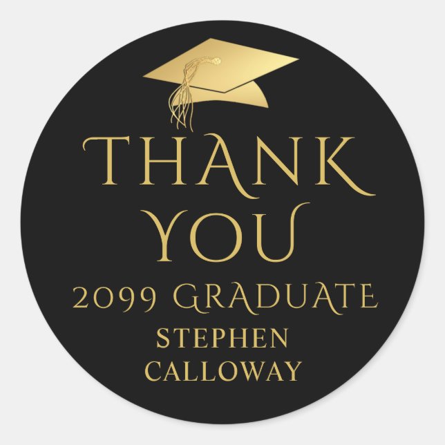 Elegant Graduate Thank You Black Gold Cap Classic Round Sticker (Front)