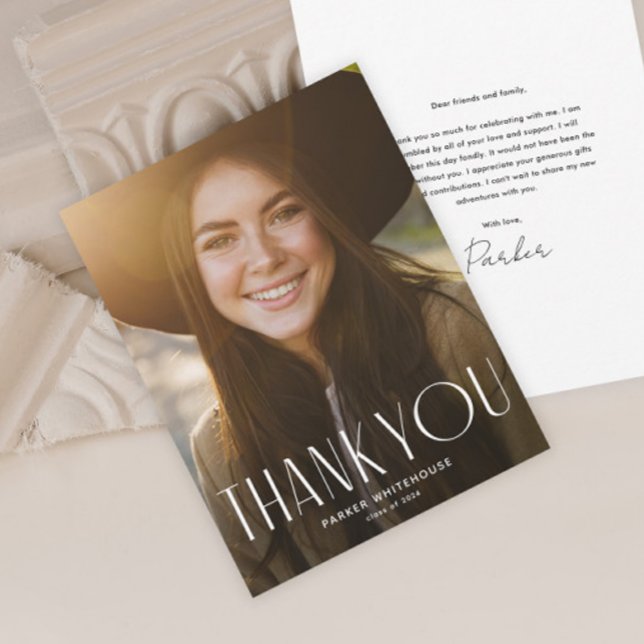 Elegant Graduate Typography Photo Graduation Thank You Card (Elegant typography photo graduation thank you card.)