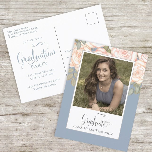 Elegant Graduate Watercolor Floral Chic Dusty Blue Postcard (Creator Uploaded)