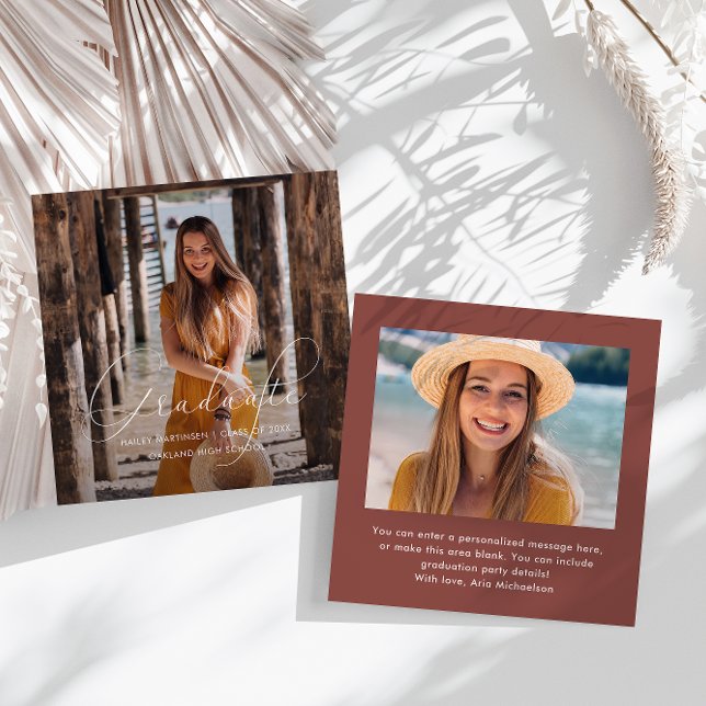 Elegant Graduate White Script Photo Red Card (Creator Uploaded)