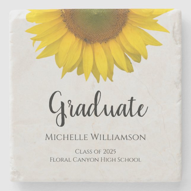 Elegant Graduate Yellow Sunflower Graduation Grey Stone Coaster (Front)