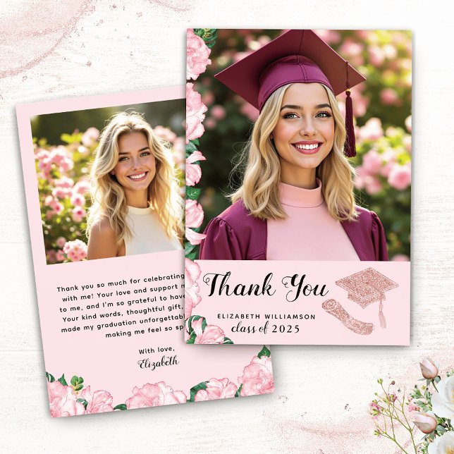 Elegant Graduates Photo Floral Pink Graduation Thank You Card (Creator Uploaded)