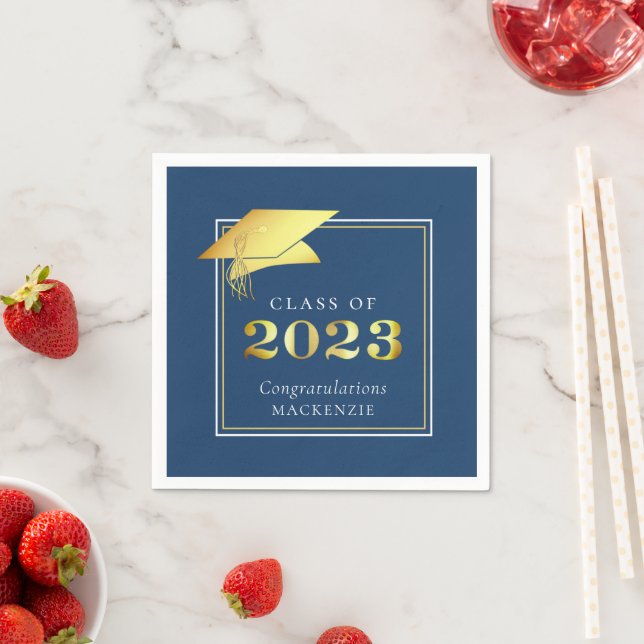 Elegant Graduation 2022 Blue Gold Metallic Script Napkin (Insitu)
