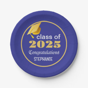 Elegant Graduation 2025 Blue Gold Personalised Paper Plate