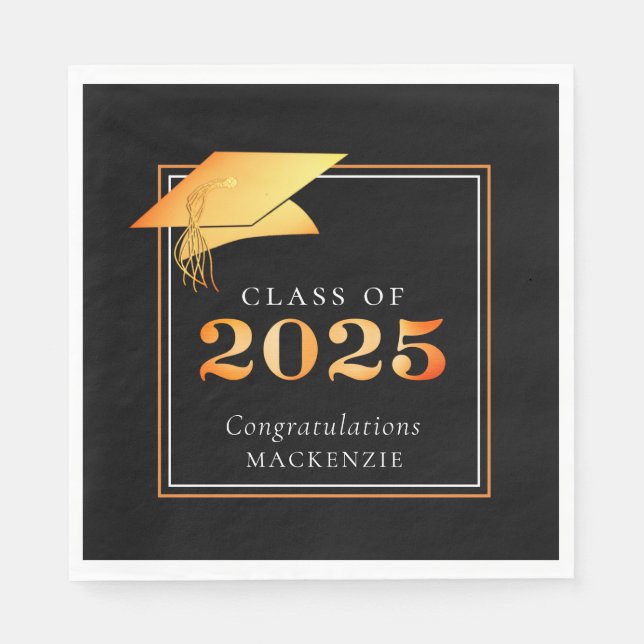 Elegant Graduation 2025 Faux Metallic Orange Black Napkin (Front)