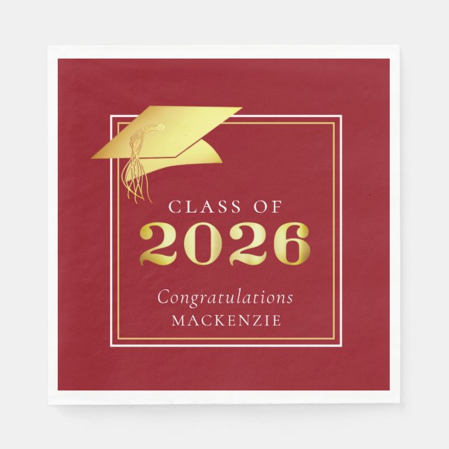 Elegant Graduation 2025 Red Gold Personalised Napkin (Front)