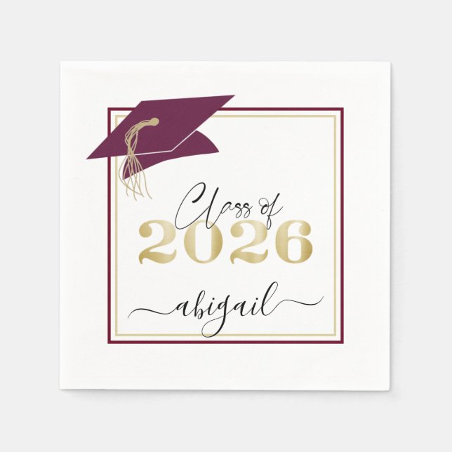 Elegant Graduation 2026 Maroon Faux Metallic Gold Napkin (Front)