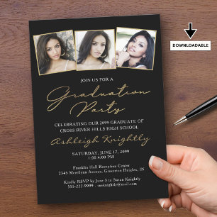 Elegant Graduation 3 Photos Black Gold Script Invitation