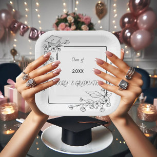 Elegant Graduation Black and white Floral Border Paper Plate