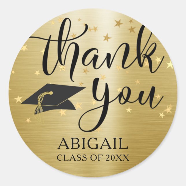 Elegant Graduation Black Gold Script Thank You Classic Round Sticker (Front)