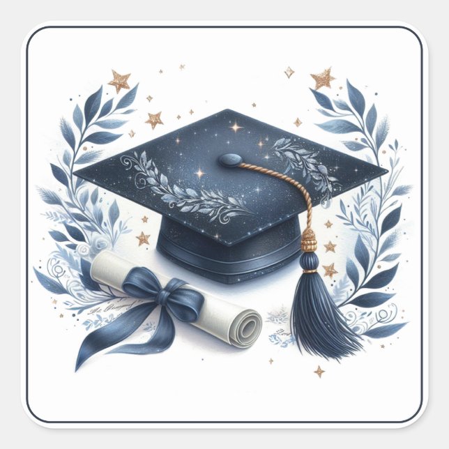 Elegant Graduation Cap and Diploma Square Sticker (Front)