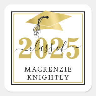 Elegant Graduation Cap Class Year Name Black Gold  Square Sticker