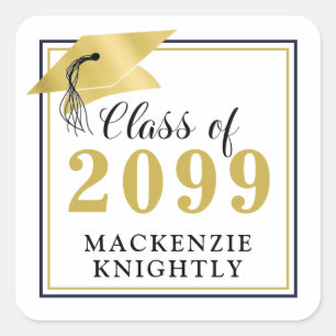 Elegant Graduation Cap Class Year Name Black Gold Square Sticker