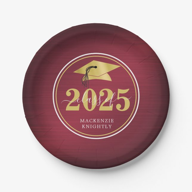 Elegant Graduation Cap Class Year Name Maroon Gold Paper Plate (Front)