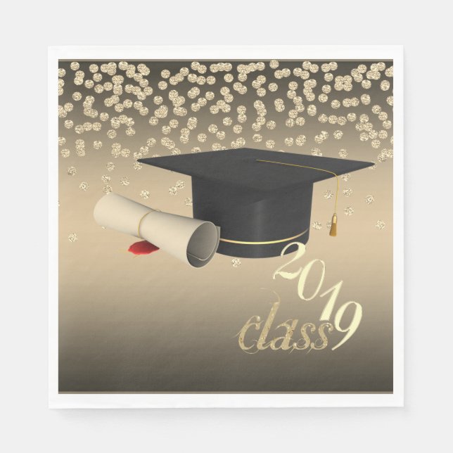 Elegant  Graduation Cap, Gold Diamonds Class 2019 Napkin (Front)