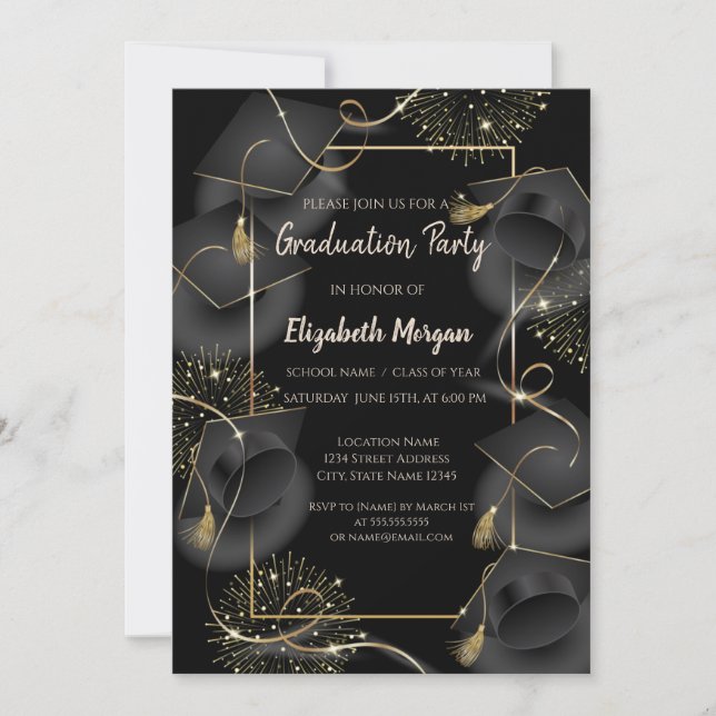 Elegant Graduation Caps Black Graduation Party   Invitation (Front)