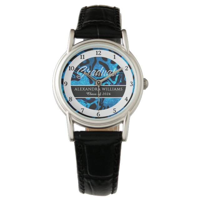 Elegant Graduation Class 2026 Blue Glitter Waves Watch (Front)