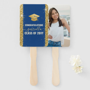 Elegant Graduation Custom Photo Blue Gold Hand Fan