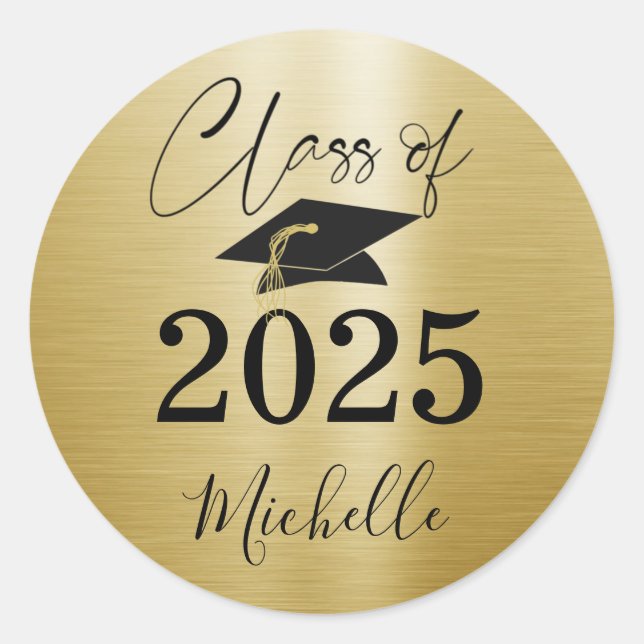 Elegant Graduation Faux Brushed Metallic Print  Classic Round Sticker (Front)