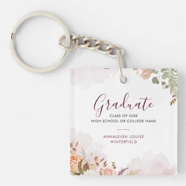 Elegant Graduation Floral Bloom Grad Party Custom Key Ring (Front)