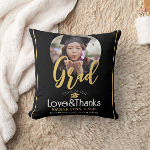 Elegant Graduation gold Cap Thanks Script Photo Cushion