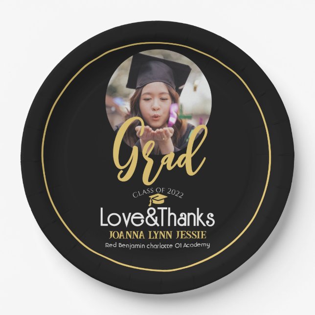 Elegant Graduation gold Cap Thanks Script Photo Paper Plate (Front)