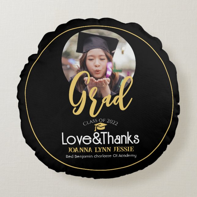 Elegant Graduation gold Cap Thanks Script Photo Round Cushion (Front)