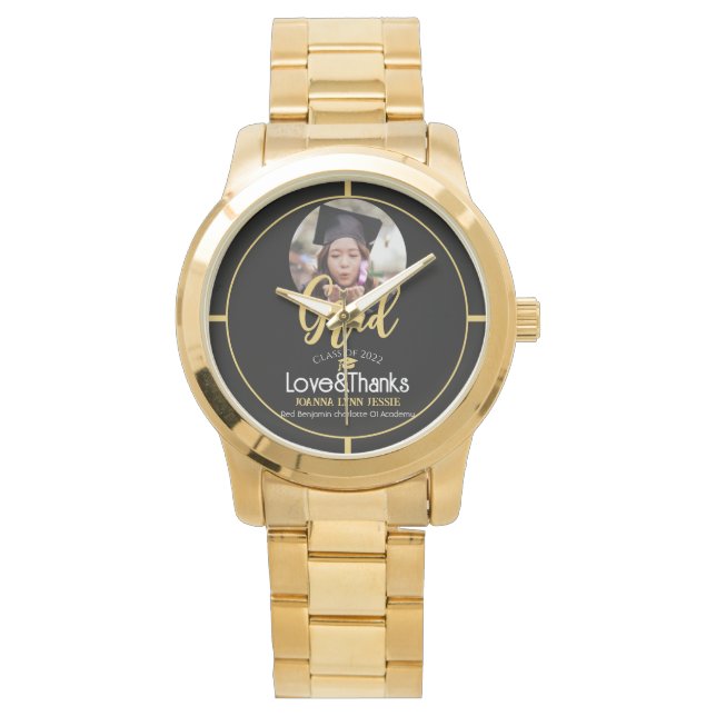 Elegant Graduation gold Cap Thanks Script Photo Watch (Front)
