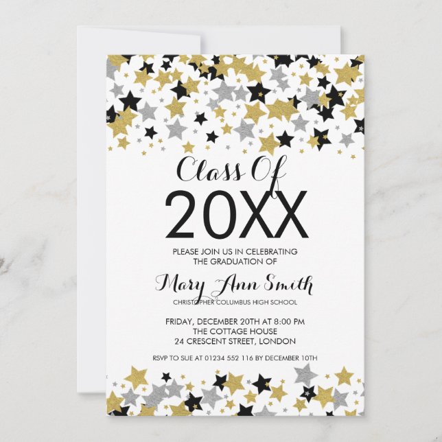 Elegant Graduation Gold Silver Glitter Stars Invitation (Front)